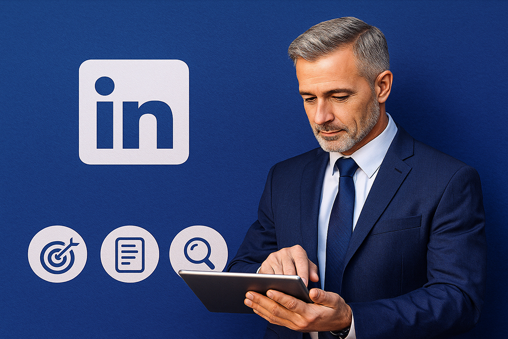 Professional executive optimizing LinkedIn profile for job search visibility