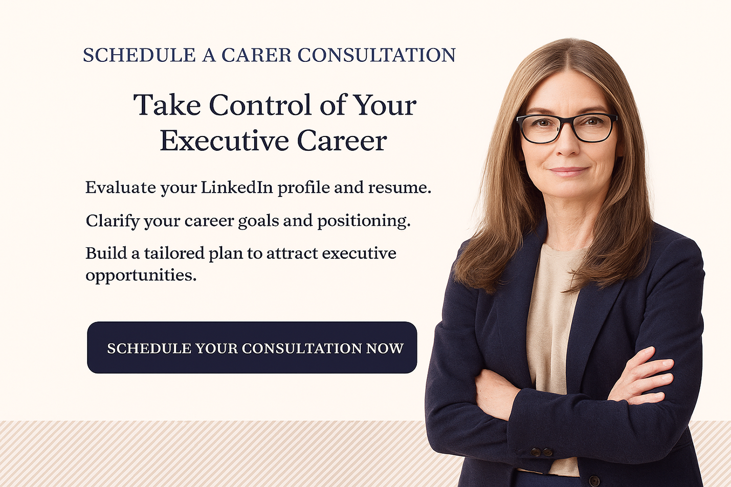 Executive career consultation promotion with professional woman in business attire and text encouraging LinkedIn review, career goal clarity, and strategy planning.