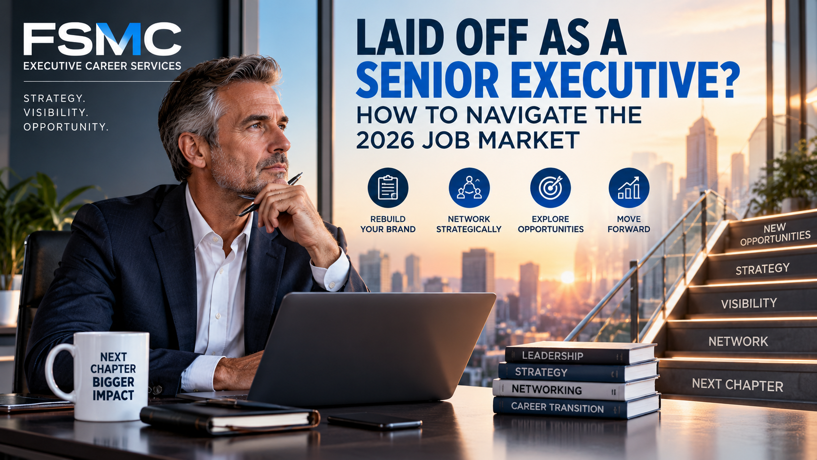 Senior executive planning a career transition after a layoff, reviewing job opportunities, LinkedIn networking, and executive search strategies.